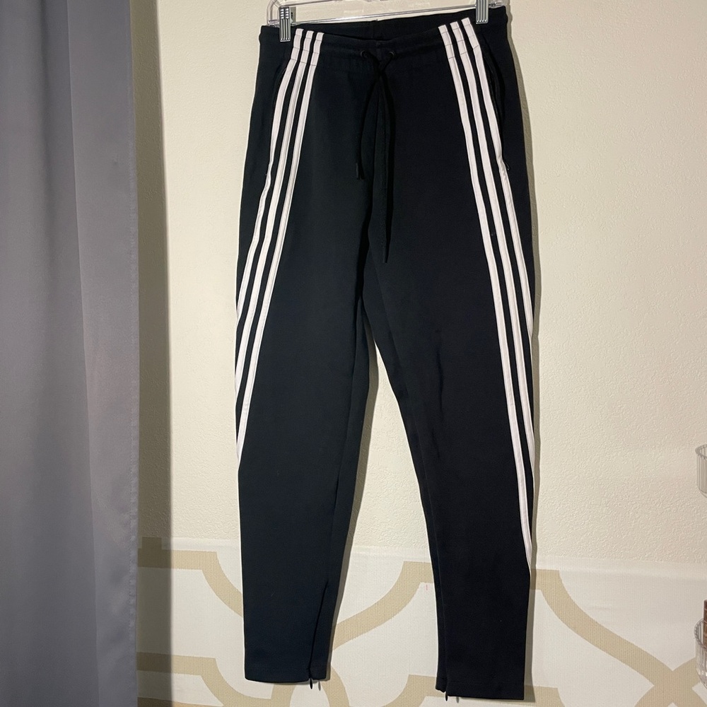 adidas Women’s Black Sweatpants with White Stripes and Zippers - Size S